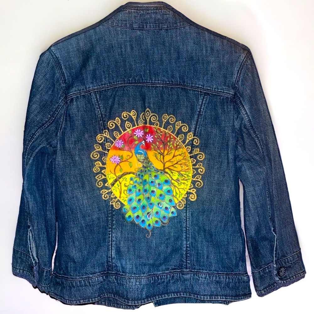 NWT Custom Handpainted Denim Jacket w/ Peacock Designs